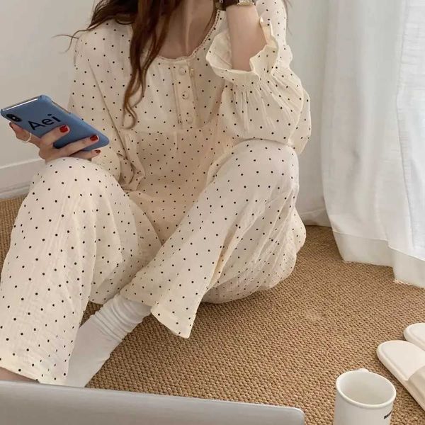 Polca de bolinhas do sono feminino Mulheres de pijama feminina define os conjuntos de primavera de manga longa coreana para mulheres 2 peças dormindo para casa trajes de terno