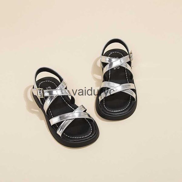 Sandalen Mädchen Sommer 2024 Neue Kinder Römisch Silber Cross Beach Schuhe Anti Slip Soft Sohle Casual H240507