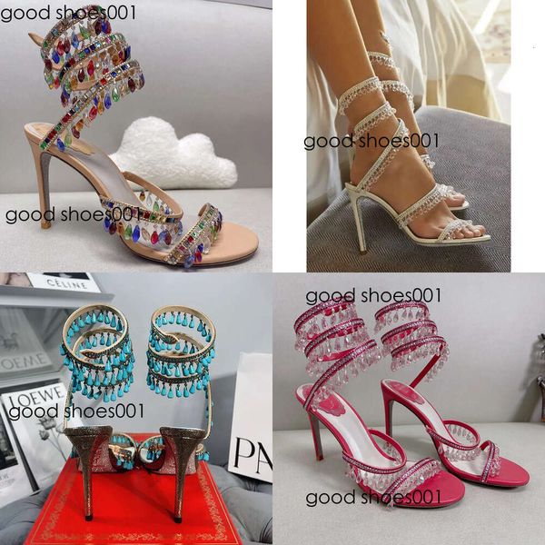 Sandalen Stiletto Rene Caovilla Designer Heels Kristalllampen Anhänger Strass Twining Foot Ring High Heeled Damenschuhe Schmale Band Original Edition