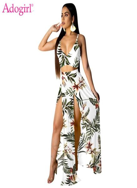 Adogirl Floral Stampa a due pezzi Donne Summer Beach Dress Abito Spaghetti Calco Crop Top Top Fit Maxi Gonna con mutandine Suit4794500