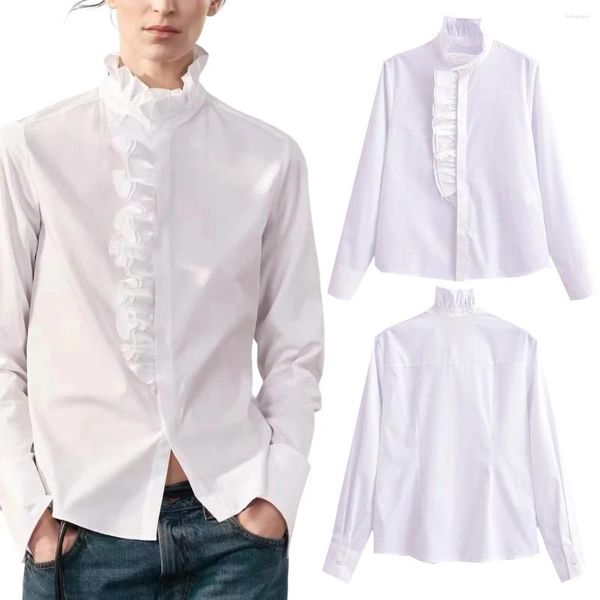 Bloups feminina camisa em pé pescoço de renda enrugada de renda moda versátil single single tresped com mangas compridas top