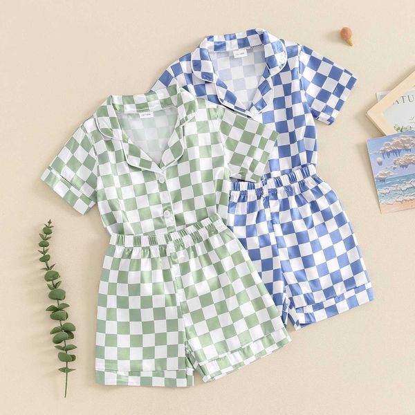 Pyjamas Baby Boys Sommer -Pyjama Sets Kurzarm -Schachbrett -Print Shirt Shorts Stücke für Jahre H240507