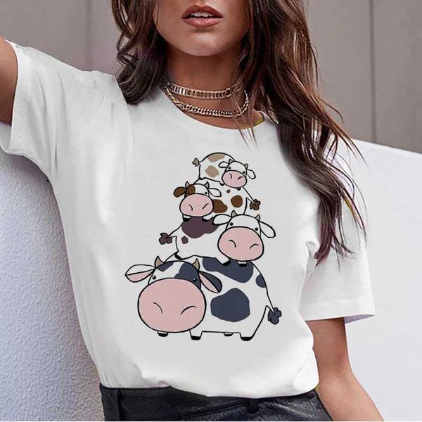 Damen T-Shirt Cow T-Shirt Print Frauen fe harajuku kleider tee koreanische ulzzang t-Shirt 90er Kaii Shirts Femme T-Shirt gedruckt Cartoon Top D240507