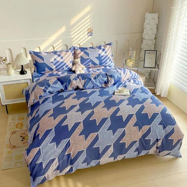 Bettwäsche -Sets Blue Plaid Duvet Cover Set abstrakte geometrische Muster Polyester Reversible Druckdecker 3PCS Twin King Size