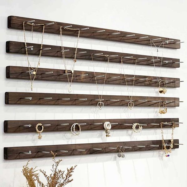 Jóias Stand Walnut Wood Jewelry Wall Display Rack Rack Prata Brincos de colar Organizador de armazenamento Decoração q240506