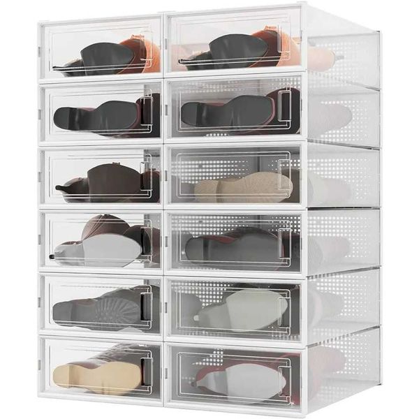 Scatole di archiviazione bidoni da 12 pezzi Bottoni e scarpe da stoccaggio Organizzatore di plastica trasparente con porta 20,5 12,5 5.5 Q240506