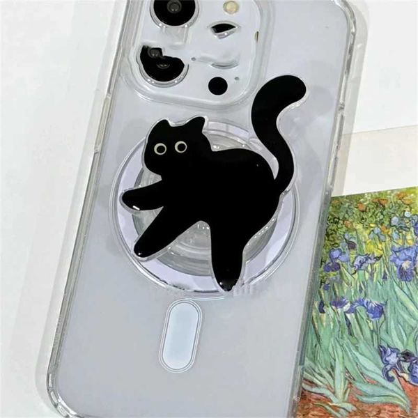 Mobiltelefonhalter Halter koreanische niedliche Cartoon Schwarze Katze für Magsafe Magnetic Phone Griptok Grip Tok Ständer für iPhone 15 Wireless Ladehalter Halterung