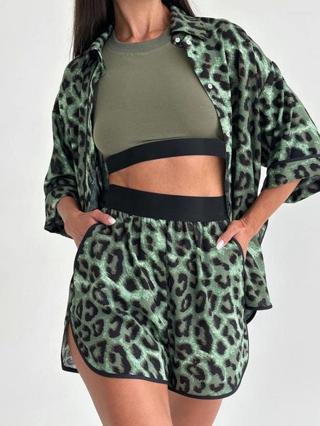 Moda feminina para dormir marthaqiqi leopard impressão feminina de pijama terno de manga meia-lata