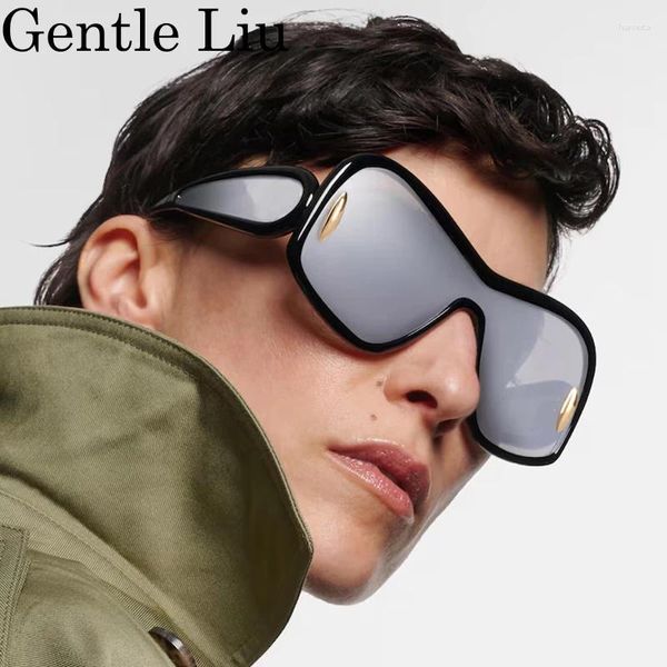 Óculos de sol Sombra de grande porte escudo de uma peça Mulheres 2024 Vintage Big Frame Sun Glasses for Ladies Goggle