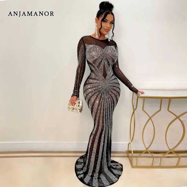 Basic Casual Kleider Anjamanor Strassnetz Shr sexy Maxi Kleider elegant schöne Geburtstagskleid für Frauen Langes Slve Abendkleid D35-IF62 T240507