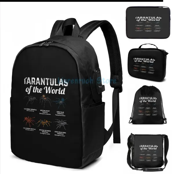 Tarântulas gráficas de impressão gráfica de mochila do mundo - Proprietário engraçado Presente USB Charge Men Bags Escola Mulheres Viagem Laptop Bag