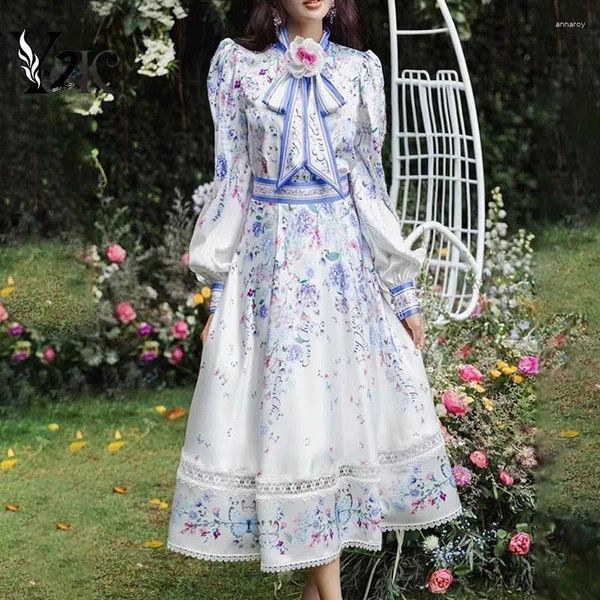 Abiti casual Y2K Designer abiti Runway Stampa floreale vintage A-line Midi Long Dress Woman Collar Bow Collar Elegante Evening Party Sera Ropa