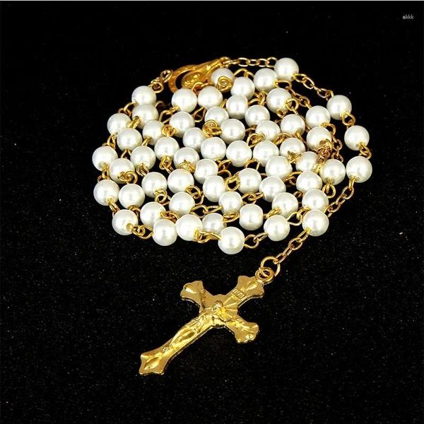 Collane a sospensione 6mm Collana perle perle perle per donne Crocifisso religioso cattolico Crocifisso lungo la catena lunga gioielli di preghiera femminile