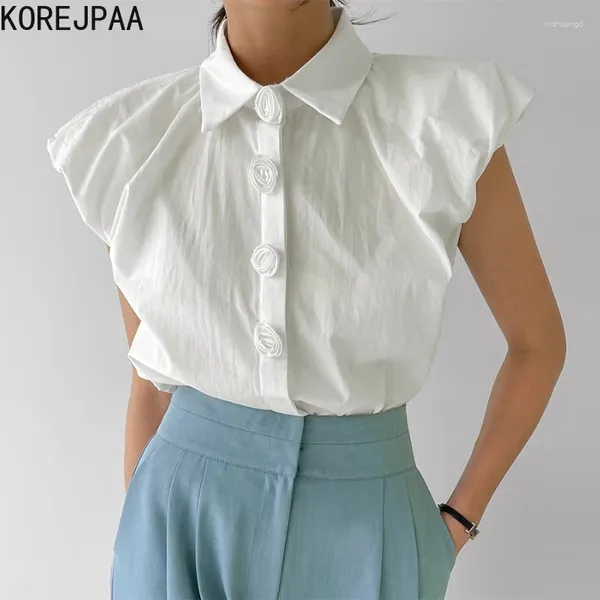 Frauenblusen Korejpaa Koreanische Mode Frauen Hemd 2024 Sommer Ärmel und Turndown-Kragen weiße Hemden elegante 3d Blume einfache Tops Mujer