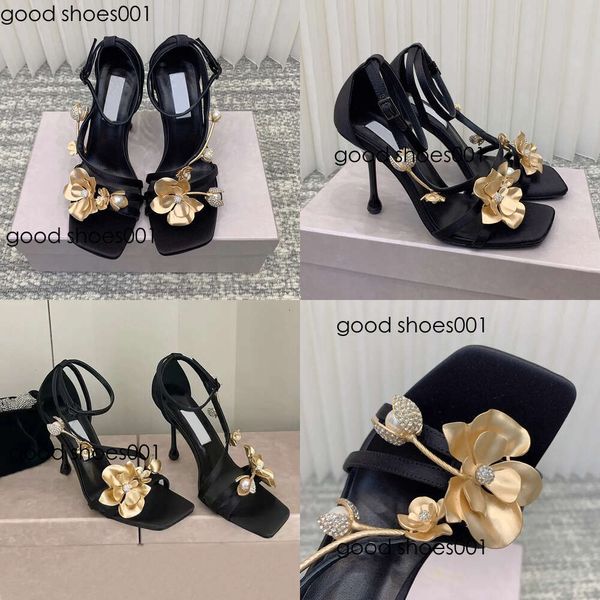 Metal New Flowers Satin Stiletto Heel Sandal Strap Strap Orchid Decoration Series Sandals Designer Pérola Designer Feminino Facrimoros Tamanho do vestido Tamanho Original Edition