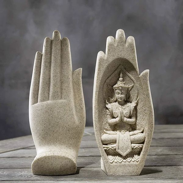 Sculture 1 coppia Resina Zen Buddha Mano per decorazioni per l'home office Scultura artistica Scultura indiana pacifica mandala monaco statua statue tempio