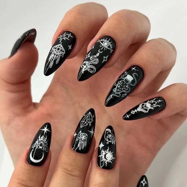 False unhas 24p preto amêndoa destacável francês capa completa unhas falsas linhas de borboleta prata estiletto nials falsos pressione nas unhas manicure diy t240507