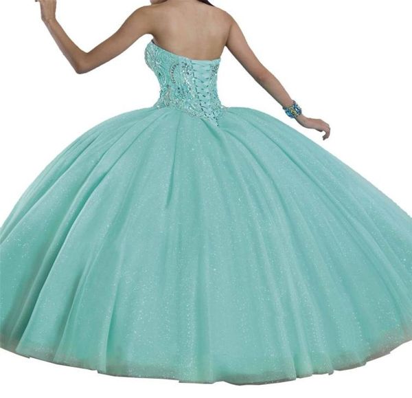 Quinceanera Vestes Sexy Deep V Collar Green Light Green Multilayer Net Pesada artesanal Plashing Skyt Skirt Heart Shaped Collar Tie 9681095