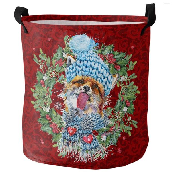 Bolsas de lavanderia Christmas Wreath Wreath Red Fruit Aquarela aquarela Dirty Basket Home Organizer Clothing Kids Toy Storage