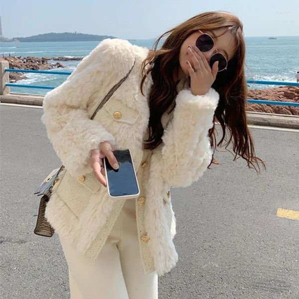 Kadın Ceket Kore tarzı yüksek kaliteli kuzu yün ceket kadınlar moda sokak o yaka sahte kürk ceket kadın 2024 kalınlaşmış sıcak peluş dış giysiler