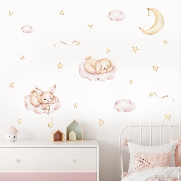 Aufkleber Cartoon Bunny Mond Wolken Sterne rosa Kindergärten Wandaufkleber Aquarell abnehmbare Vinyl Wandtattoos Wanddecken Mural Kids Schlafzimmer Hausdekoration