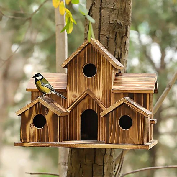 Ninhos pendurados na árvore casas de pássaros de madeira 6hhole Bird House para fora do quintal gaiolas de jardinagem de jardinagem de pássaros