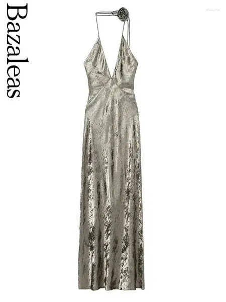 Vestidos casuais 2024 Bazaleas Store Official Store Gold Foil Dress Longo Vestido Longo Backless Floral Chocker Maxi Party