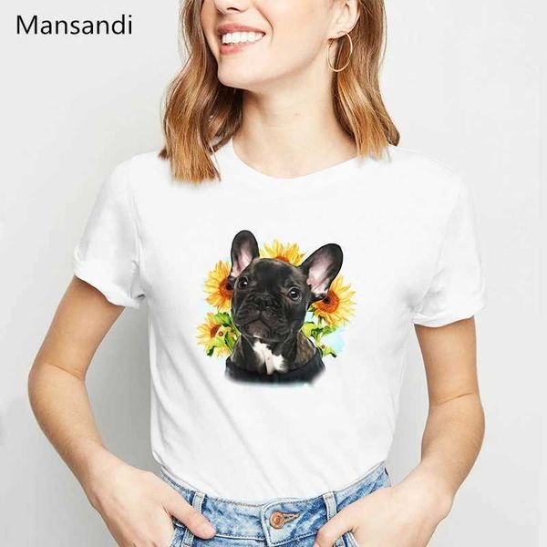 T-shirt feminina Harajuku kaii Bulldog francês /Boston Terrier /Yorkie Fu /Pastor Alemão /Chihuahua /Pug Flowers Prind Print Shert Cirche Women Tops D240507