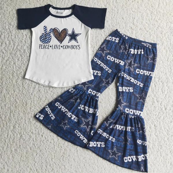 Малышка набор одежды Baby Girl Blue Peace Love Cowboys Star Kids Set Оптовый бутик с короткими рукавами наряд колокольчика