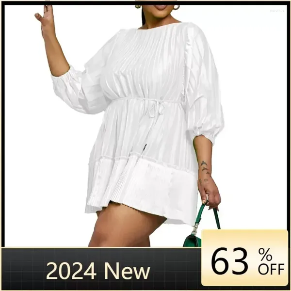 Abbigliamento etnico 2024 Eleganti abiti a pieghe africana per donne a maniche lunghe autunnali in poliestere bianco da sera mini abito