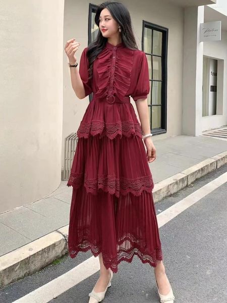 Parti Elbiseleri Yaz Kadınlar Kısa Kollu Kemer İnce Uzun Elbise Yüksek Kaliteli Tatlı Çırpma Dantel Patchwork Pileli Kek Hem Chiffon