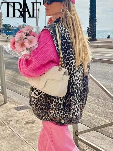 Giubbotti da donna 2024 Summer Leopard Stampato da donna Stupida Giacca da colletto Giacca con maniche Sleeveliche Sleelette Femmina WhitCoat Y2K Tops