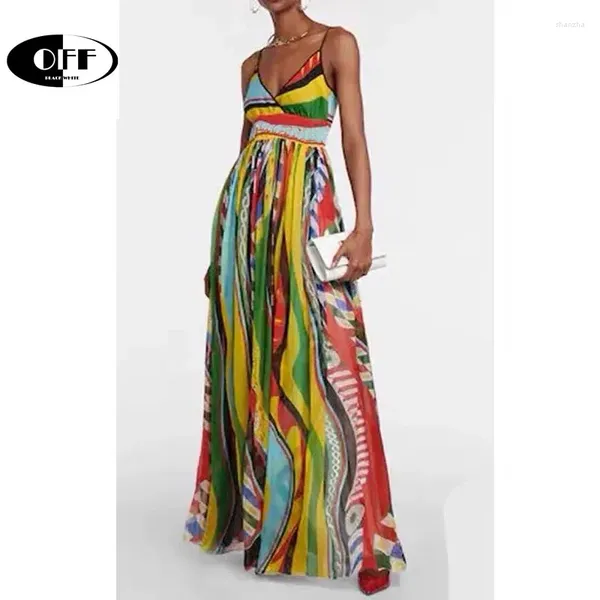 Повседневные платья от дизайнерских летних цветочных печати для спагетти ремешок Maxi Женская одежда Zevity Beach Boho V-образное платье с высокой талией