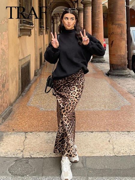 Saias de verão moda moda vintage casual cetim leopard skiot longa saia feminina dobra na cintura alta midi streetwear