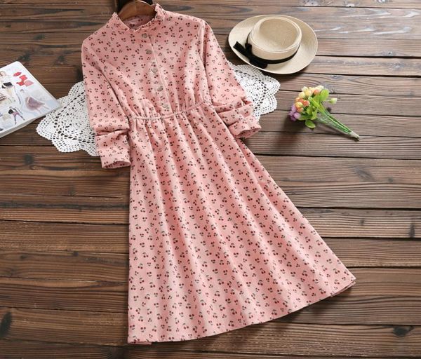 Japon Mori Kız Vintage Elbise 2018 Yeni Sonbahar Kış Kadınlar Uzun Kollu Kiraz Baskı Dresses9138983