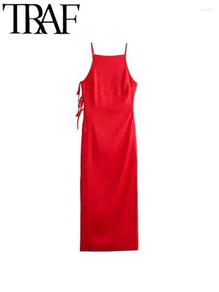 Lässige Kleider Gal 2024 Sommerfrau rote Seite Biege Satin Slip Kleid Schlankes ärmellose Rückenfreier Midi Vestidos Mujer Party Y2K