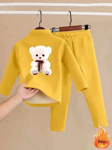 Roupas conjuntos de veludo a veludo roupas íntimas de roupas íntimas de inverno meninos/meninas urso impressão de manga comprida Tops Conjunto Kids Leggings calças 2 peças