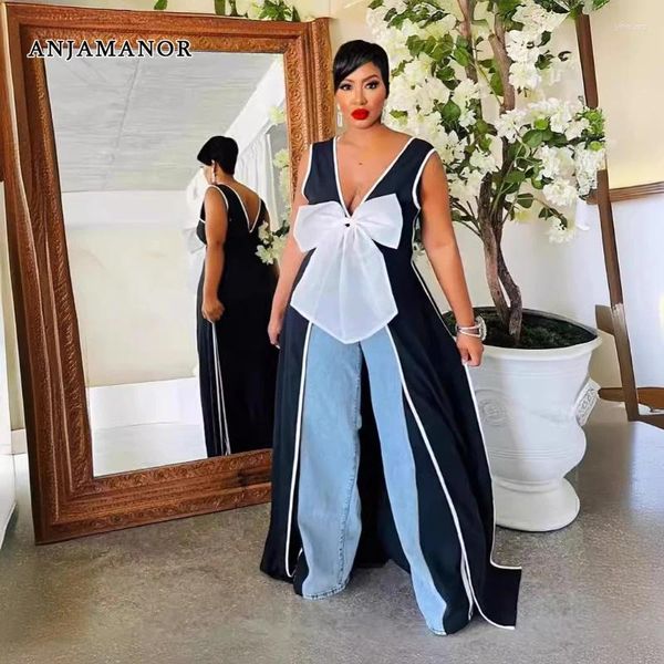 Abiti casual Anjamanor Bow v Neck Sleeveless High Split Maxi Summer 2024 Fashion Prom Ad vestito africano Donne Outfit di compleanno D48-DZ31