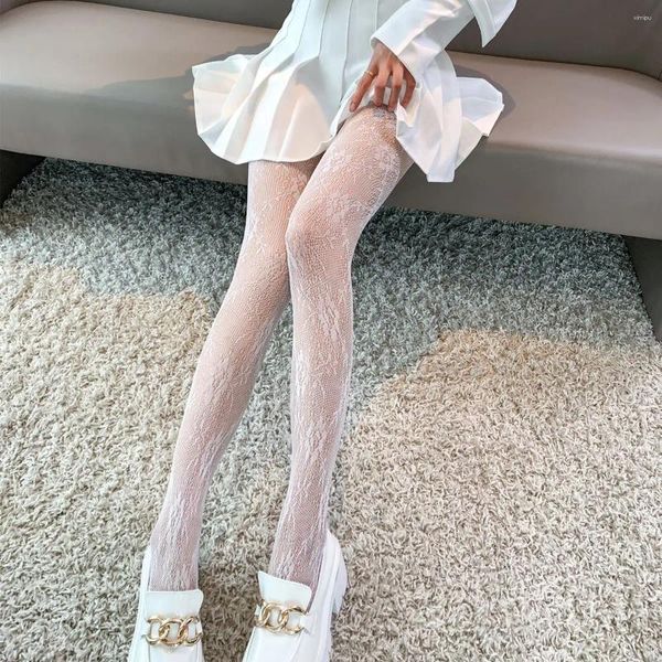 Frauen Socken Sommer Maid Outfits schwarzes Spitzengnetzstrumpfhosen hohl sexy weißes Netz