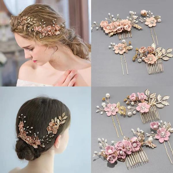 Avrupa Altın Yaprak Tabağı Saç Headdress El Yapımı Gelin Kraliyet Headdress Çiçekler Takılan tarak saç süsleri 4 parçalı set