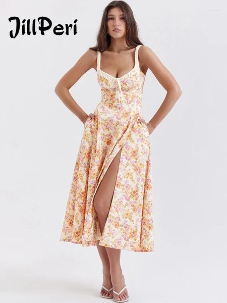 Abiti casual Jillperi stampa floreale Midi Summer Drendice con tasche Donne Sexy Long Outfits Prom Girls Beach Dress