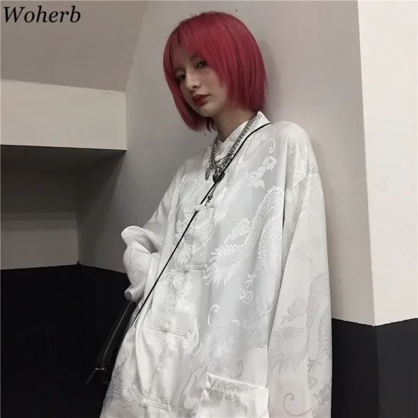 Camiseta woherb mulher homem blusa dragão impressão harajuku streetwear chinês stand colar fivela vintage blusas de camisa branca preta