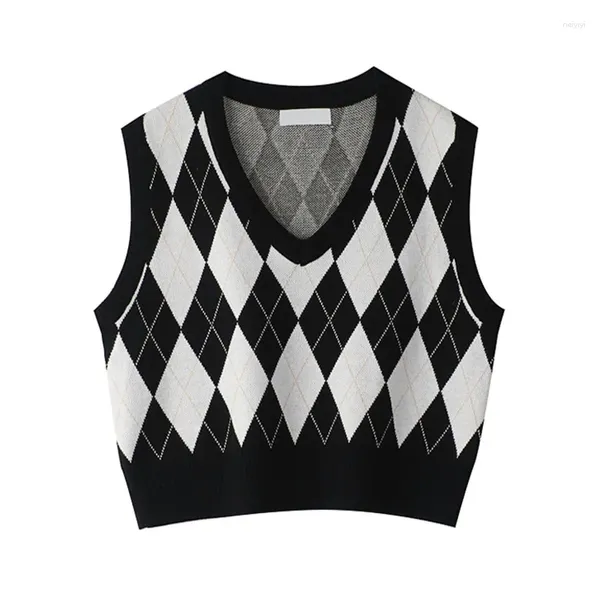 Frauenjacken Fashin Trendy mit hoher Dichte-Stretch Argyle Plaid gestrickter Pullover Weste Y2K Houndstooth Ärmelne Retro Tops