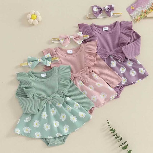 Rompers recém -nascidos infantil bebê menina margarida roupa de impressão de macacão bunny flor de manga curta vestido de babados + banda para a cabeça H240507