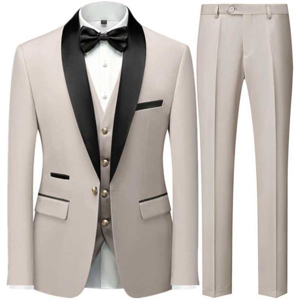 Blazer maschile Blazer 2019 New Mens Leisure Business Ultra Shin Ultra Wedding Host Official Set ufficiale in 3 pezzi Gold Giolla Cappellata pantaloni canotta Top Topt Q240507