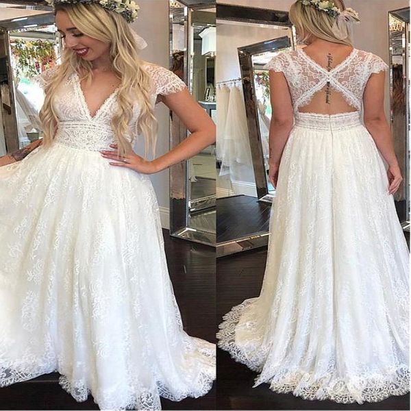 Lace Boho Brautkleider sexy v Hals Rückenless Strand Hochzeitskleid Eine Linie Voller Spitze rustikaler Land Hochzeitskleider für Frauen billig Braut 267y