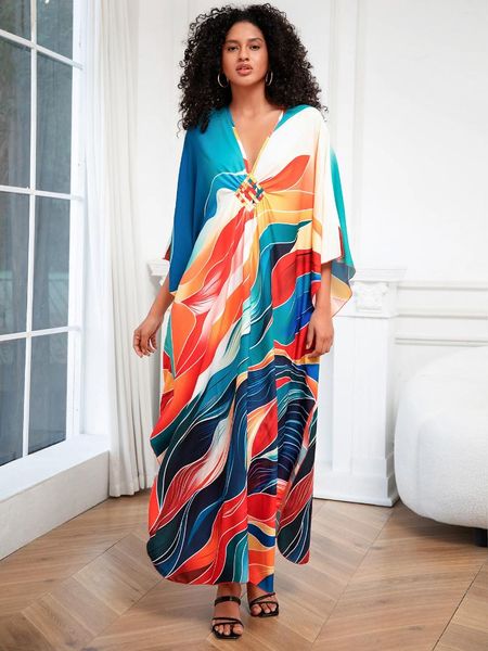 Concobrições de biquíni sexy Multicolor impresso Plus Size Beach Dress 2024 Summer V pescoço solto Kaftan Swimsuithwear
