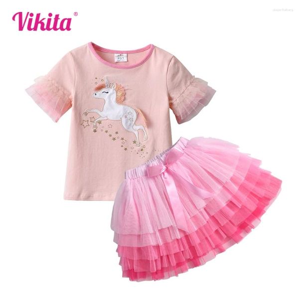 Roupas Conjuntos Vikita 2024 Garotas de verão Manga curta T-shirt saia Tutu 2pcs Crianças Princess Cartoon roupas