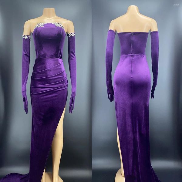 Stage Use Purple Velvet Cristals Night Long Train Dress Gloves Mulheres vestidos de baile de formatura Celebre Costume XS3075