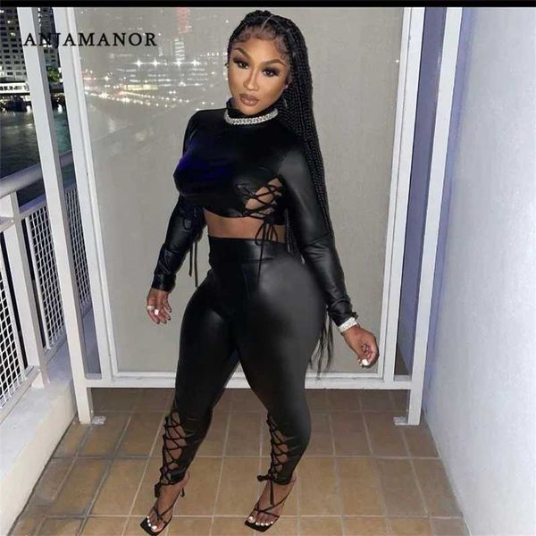 Zweiteilige Hosen für Frauen Anjamanor PU Leder Pant Anzüge sexy Club-Outfits für Frauen Winterkleidung 2021 Black Long Slve Bandage 2 Stück Set D44-EB50 T240507